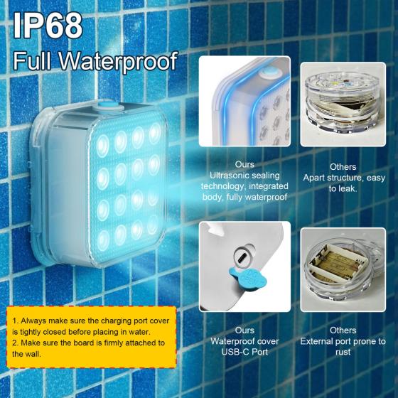 Type-C Rechargeable Underwater Pool Light, Remote &amp; Dimmable IP68 Waterproof LED Lamp for Garden Ponds &amp; Parties, 16 LED Beads
