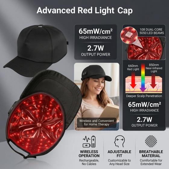 Red Light Therapy Cap — 108 LEDs, 3 Intensity Levels