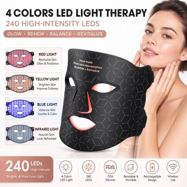 Liquid Silicone LED Face Mask with Multi-Color Light Therapy, Portable Home Facial Refresh Device, USB Rechargeable Remote Control