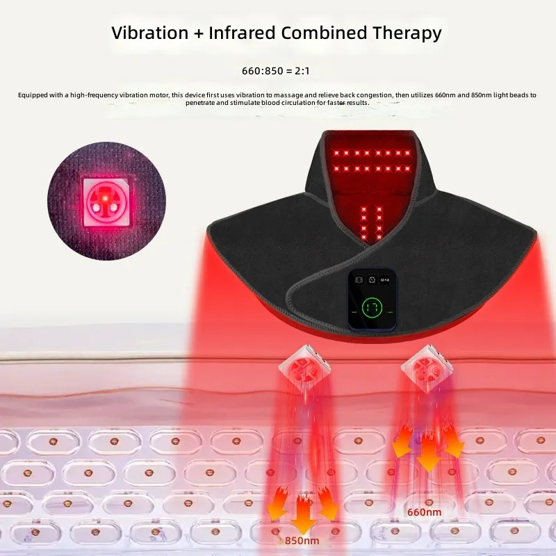 Wireless Heated Shoulder Brace with Red Light Therapy Far Infrared Heat and Massage for Neck Comfort 5000mAh Rechargeable Plush Wrap
