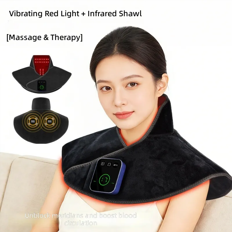 Wireless Heated Shoulder Brace with Red Light Therapy Far Infrared Heat and Massage for Neck Comfort 5000mAh Rechargeable Plush Wrap